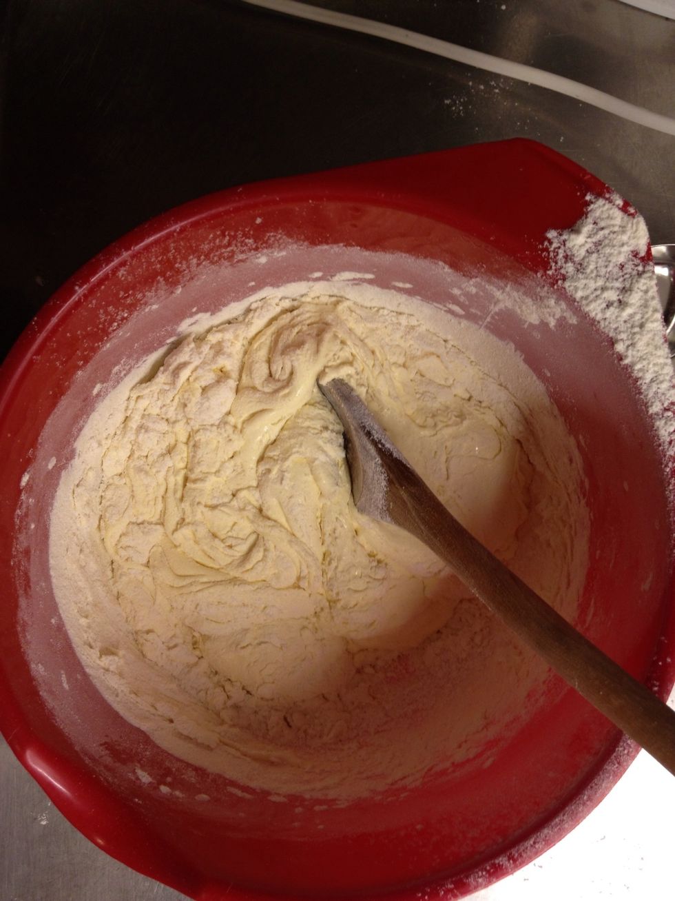 Then add the flour mix to the egg yolks. It will look more like a dough than a batter but that's fine.