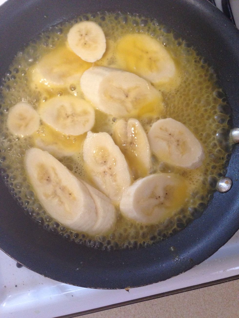 Then add the lemon and orange juice, lemon zest, and the bananas. Let cook for about 5-6 mins