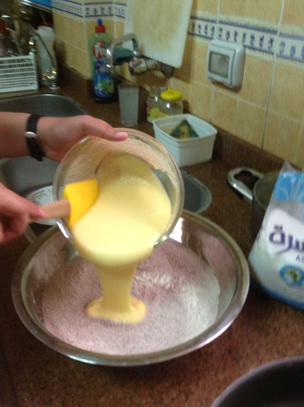 then add the liquid ingredients with the dry .