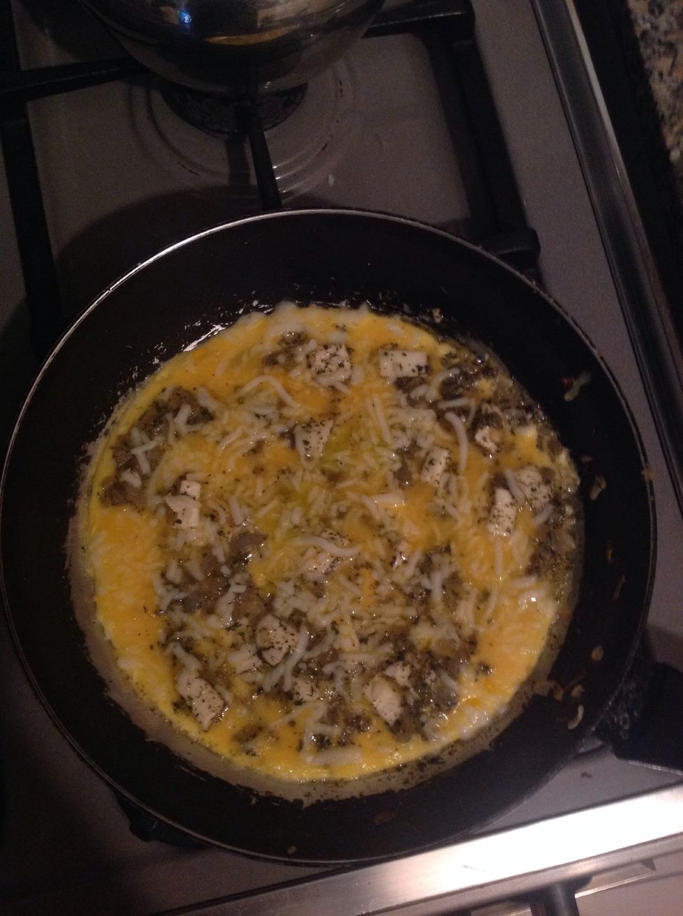 Then, add the mozzarella cheese over the whoe thing. Then, keep it on fire aprox. 2 minutes but don't mix