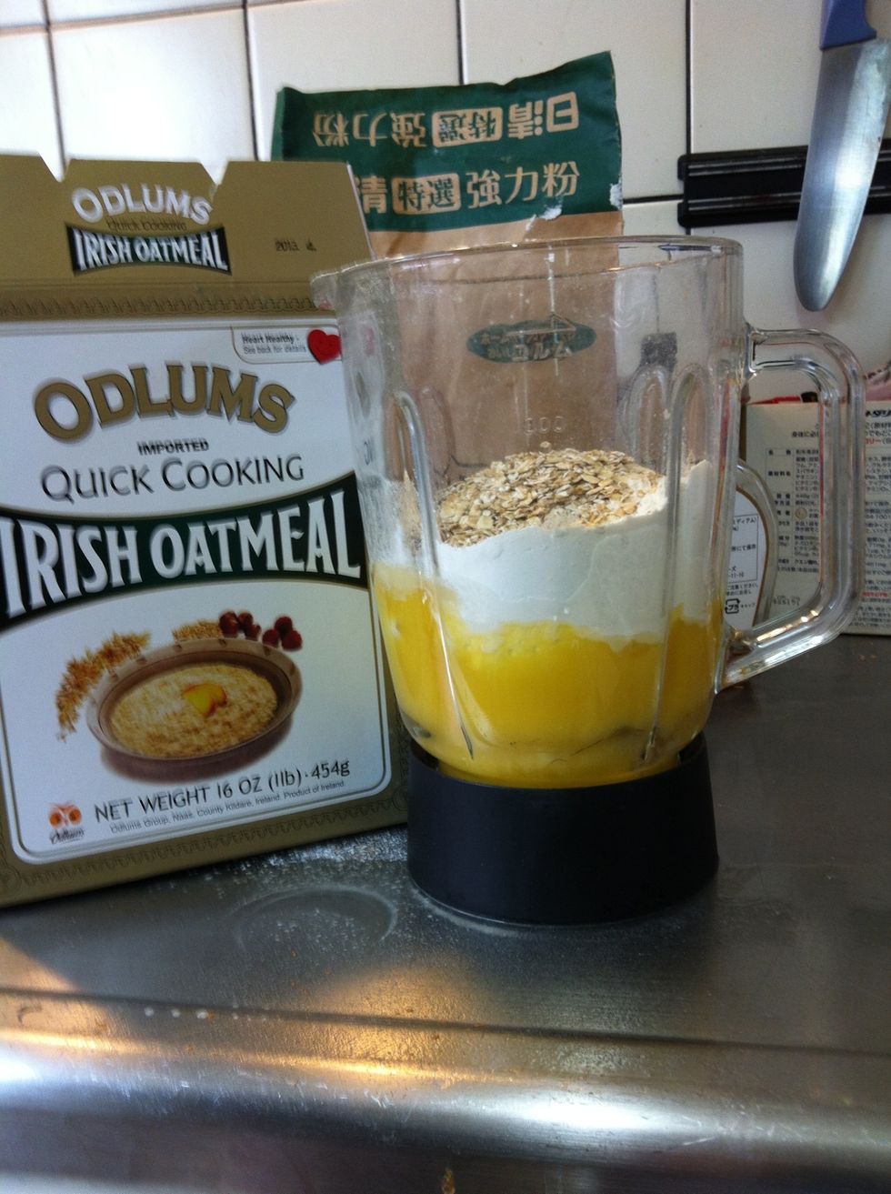 Then add the oatmeal. Cooked oatmeal also works fine and gives a different texture.