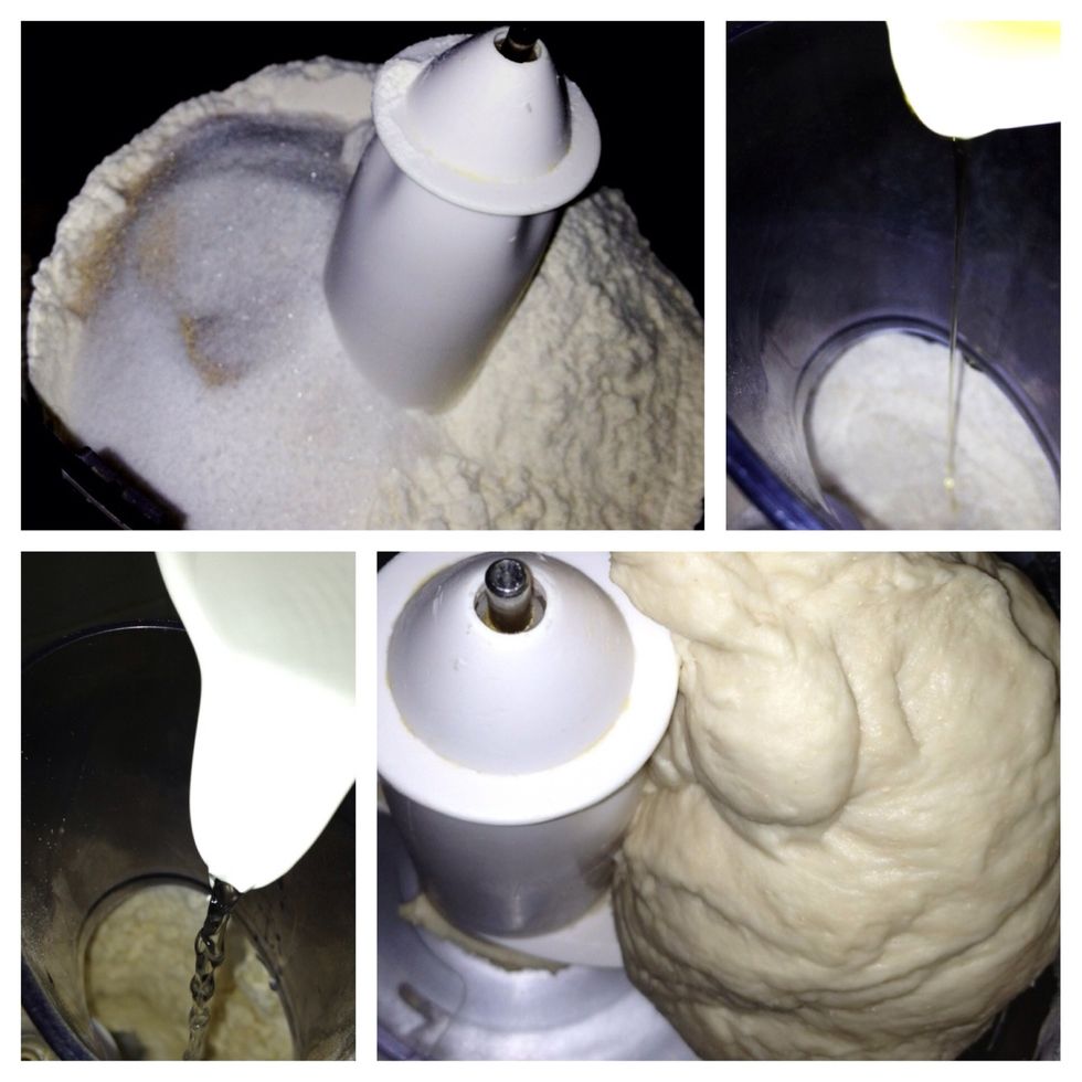 Then add the olive oil and mix. Follow with water and mix on medium speed for about 5 minutes or until you get a well held dough."