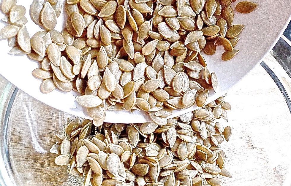 Then add the raw pumpkin seeds.