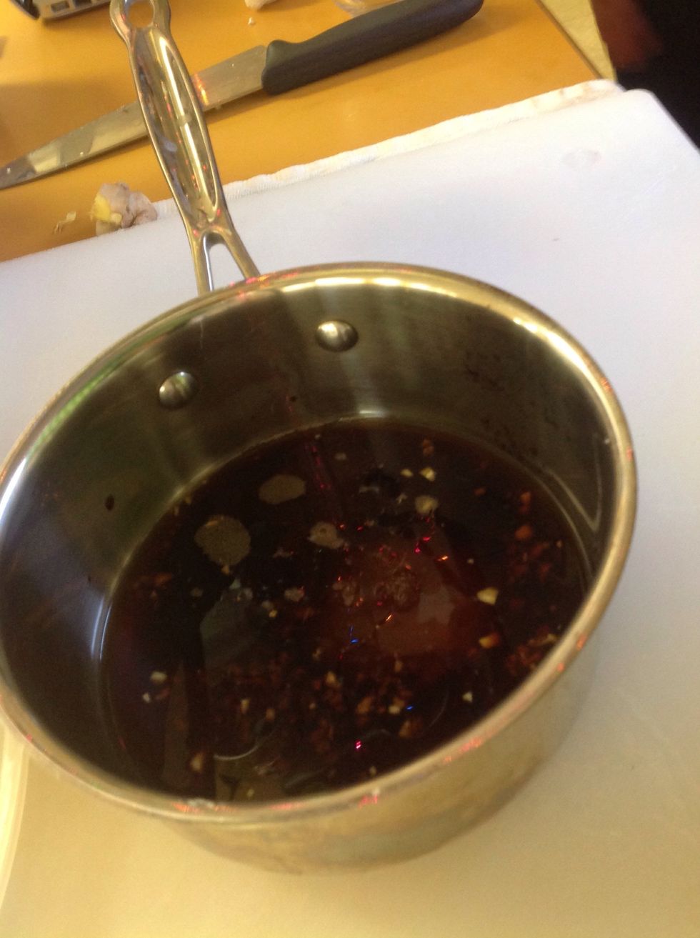 Then add the soy sauce, pine apple juice and honey off the heat.
