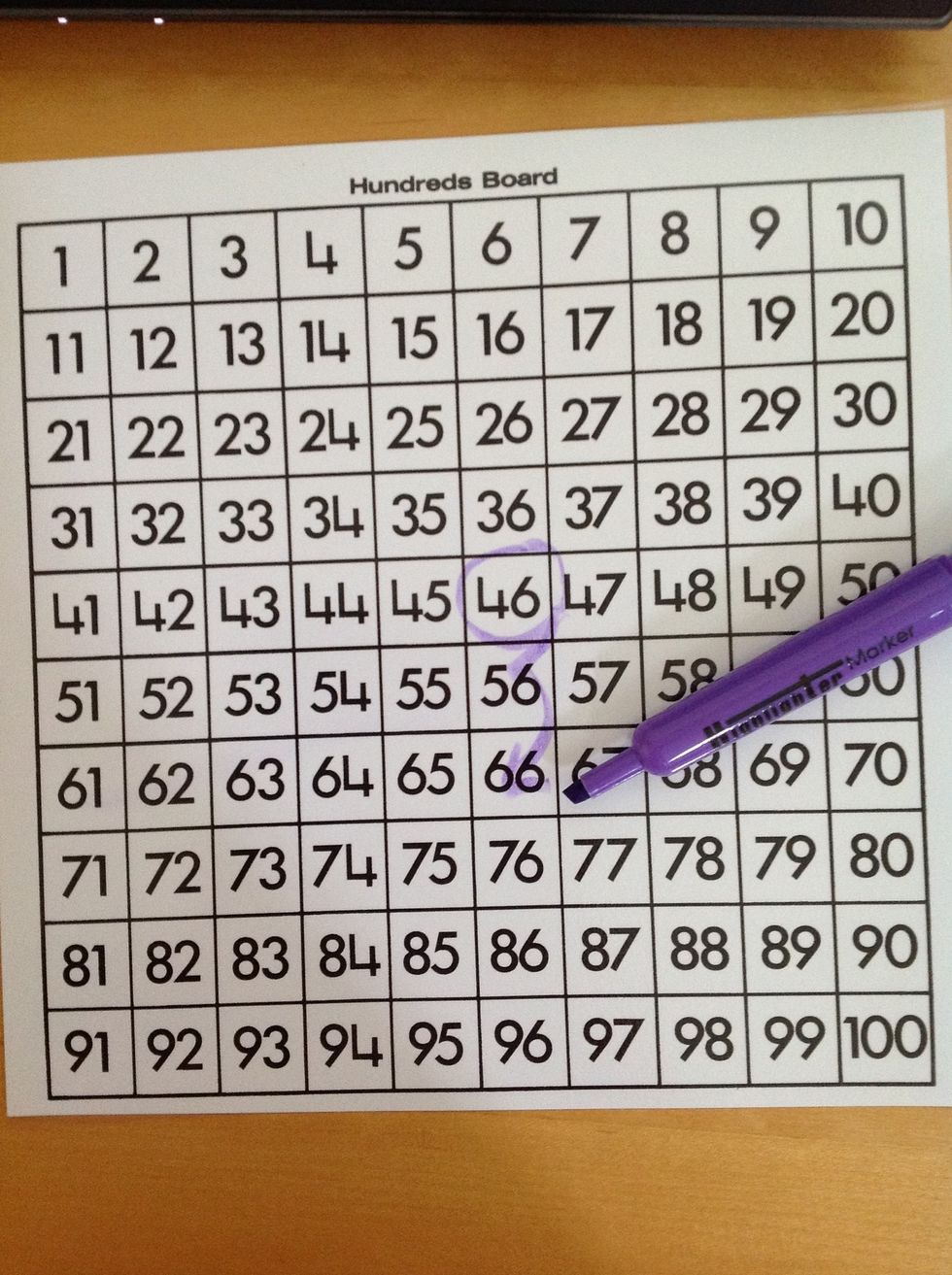 Then add the tens part of 27....which is 20. Jump down a row for each ten. Count "10...20"