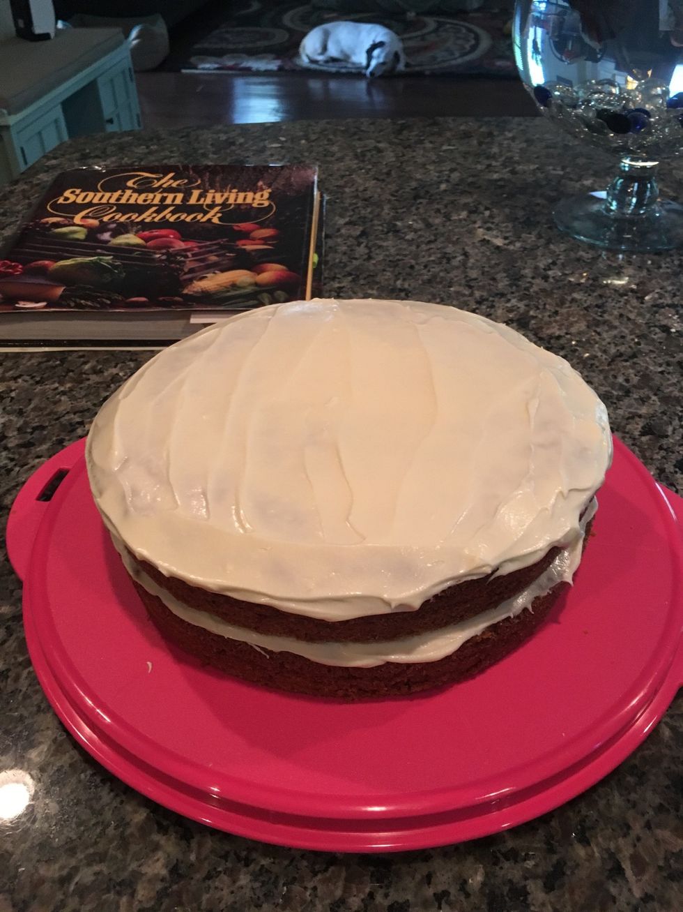 Then add the top layer and ice it as well.