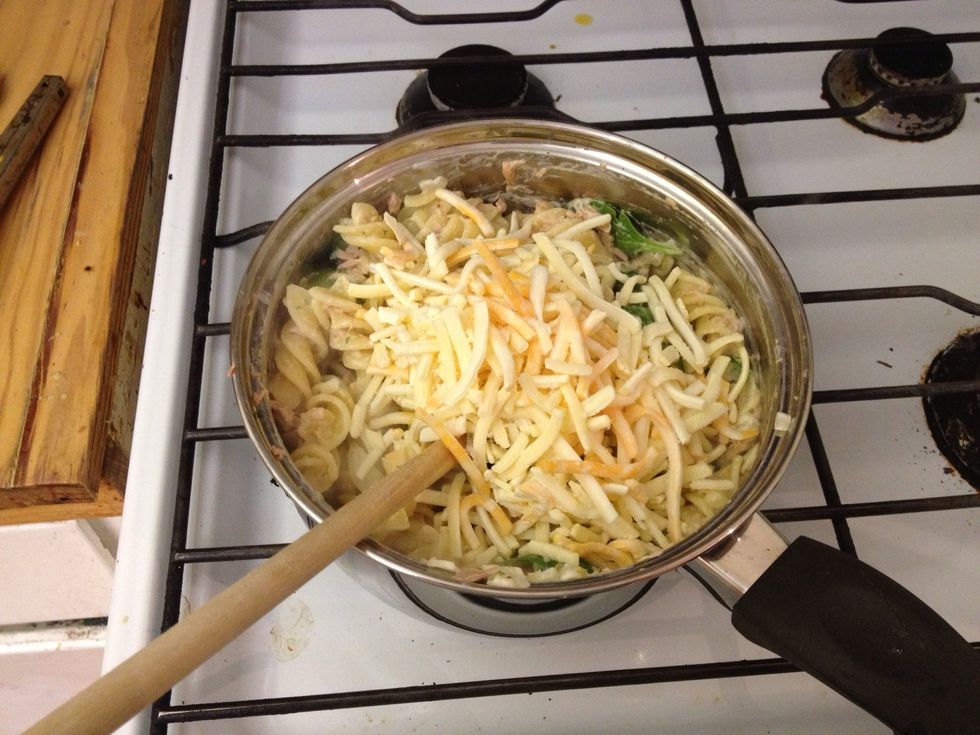 Then add the tuna, garlic and seasoning. I used some parsley, Moroccan seasoning and salt and pepper. Stir, then turn off the heat and mix in the cheese.