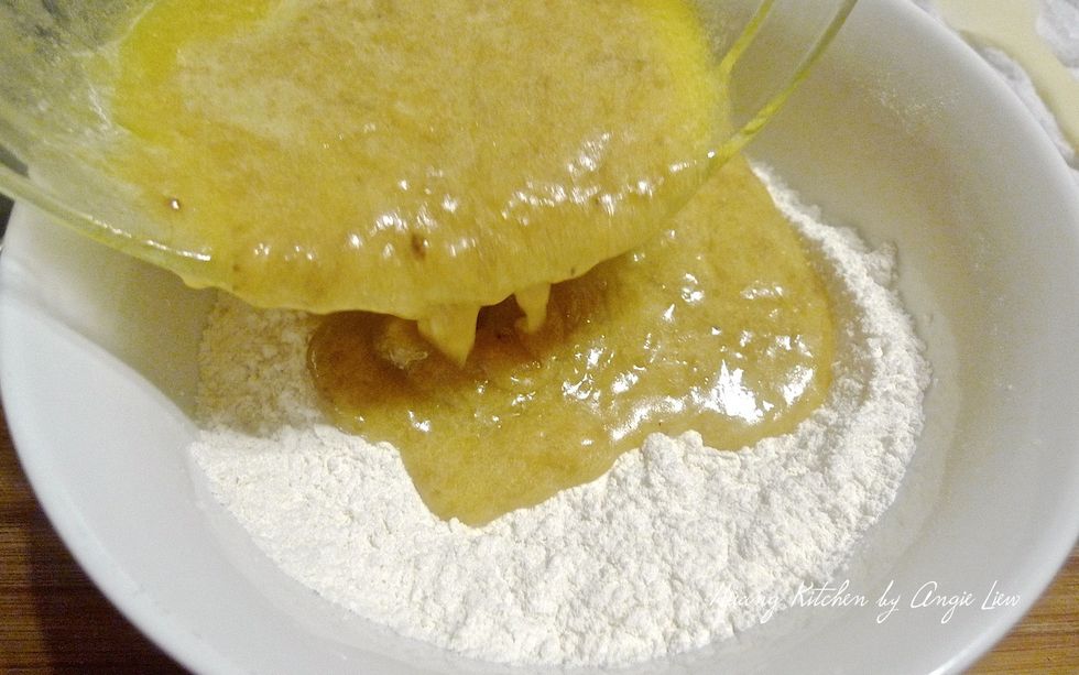 Then add The WET banana mixture into the DRY flour mixture.