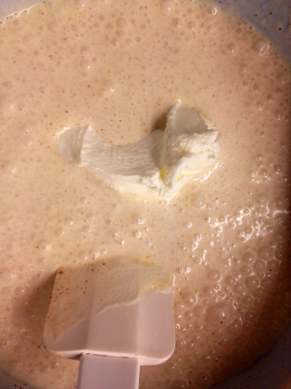 Then add the yogurt. I recommend you to stir it smooth before adding it to the batter. I didn't and ended up with quite a few lumps.