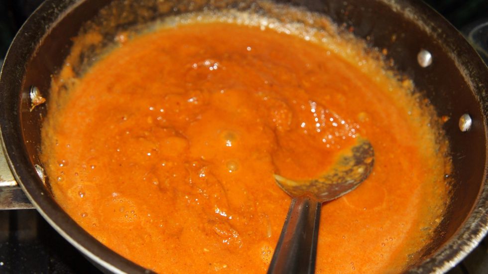 Then add tomato pur\u00e9e to it and cook for 2-3 min medium flame till it becomes thick paste..
