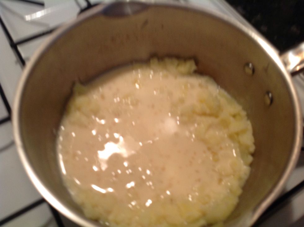 Then add you milk and eggs to your potatoes