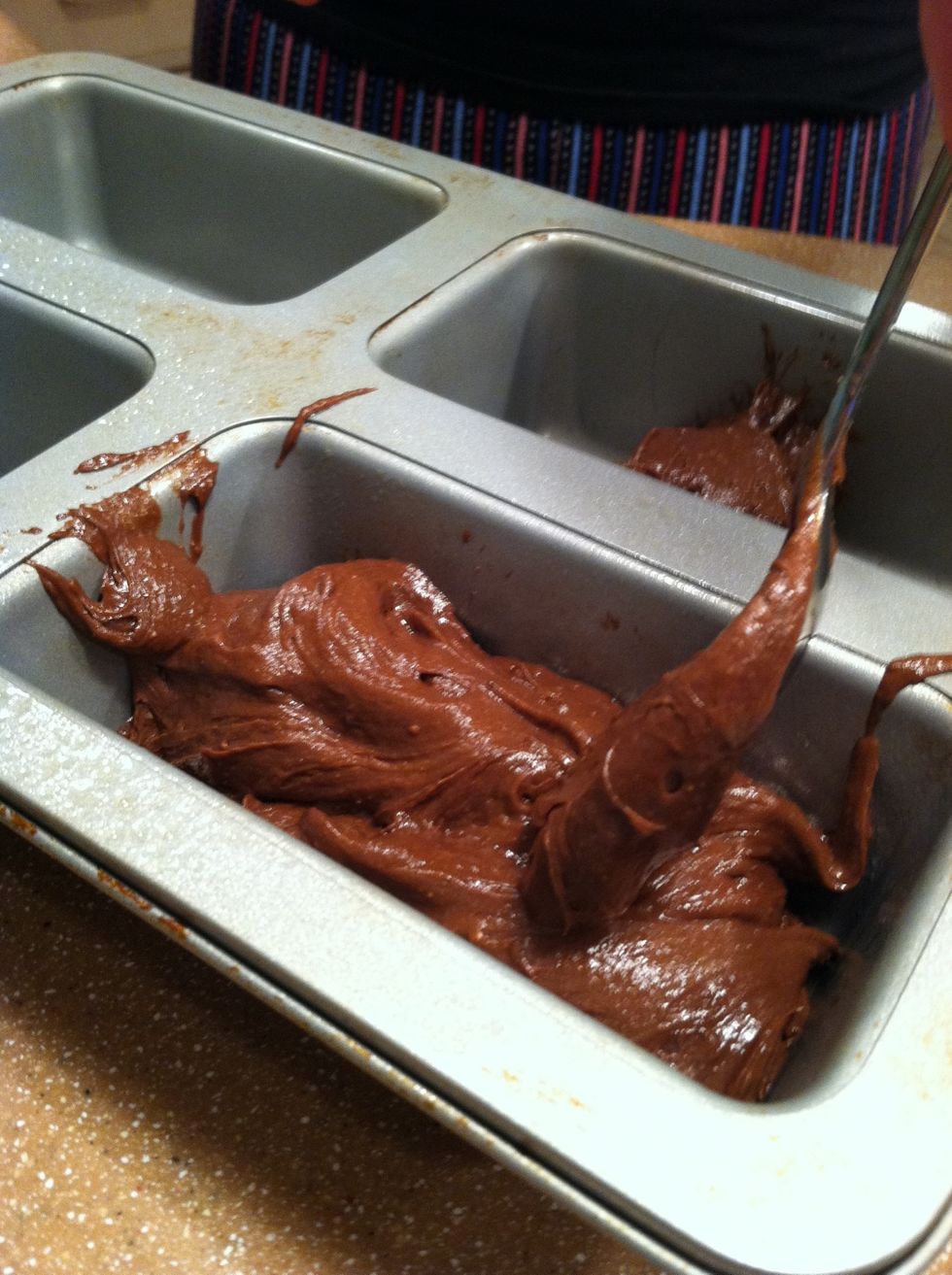 Then add your batter to your pan a spoonful at a time so it turns out even.