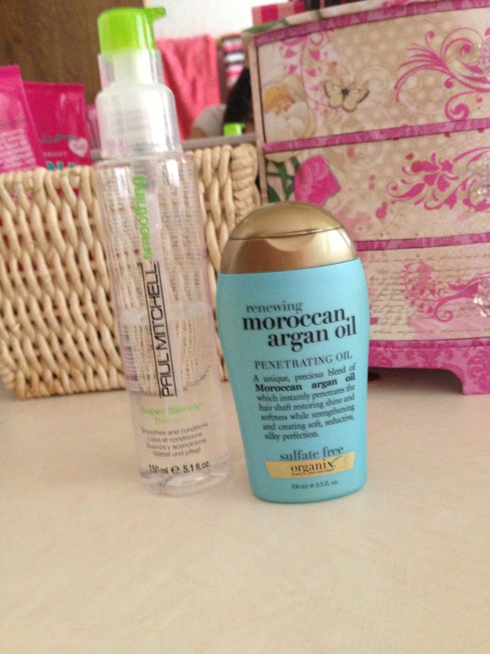 Then add your hair product. (Anything that makes your hair less frizzy or more smooth)