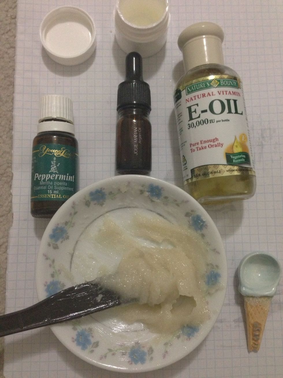 Then add your oils. A few drops is all you need! Mix mix mix! Along the way I tested the scrub on the back of my hand to make sure the consistency and scent was okay! Then transfer into container.