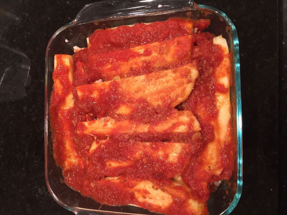 Then add zucchini spears and pasta sauce