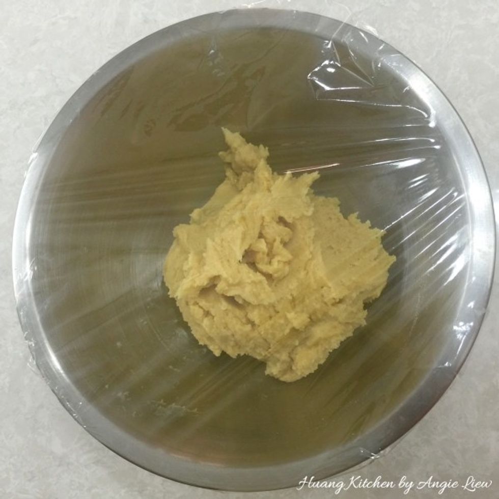 Then, as this batter is quite soft, put the cookie dough in a bowl, cover with cling wrap and chill in refrigerator for about half an hour. (Just to get it firm enough to roll easily).