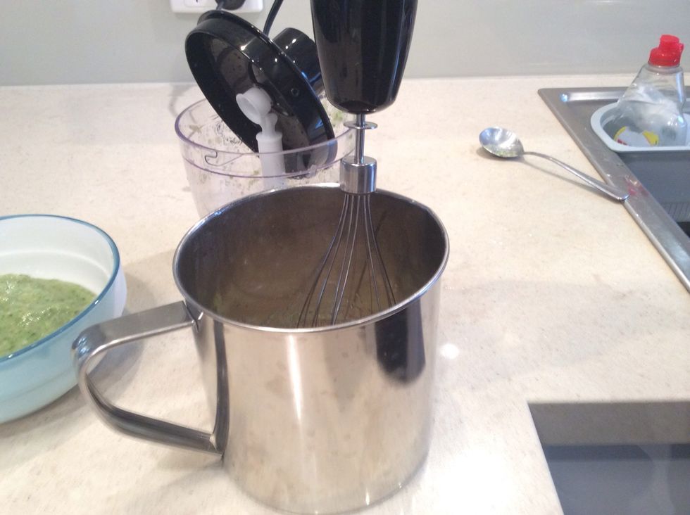 Then beat the gelatinous mixture you made earlier until it turns frothy.