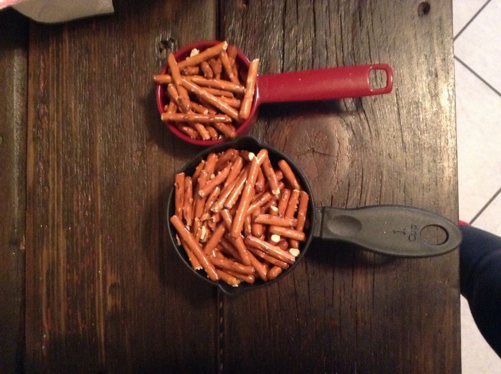 Then, break up pretzel sticks to make up 1 1/3 cups.