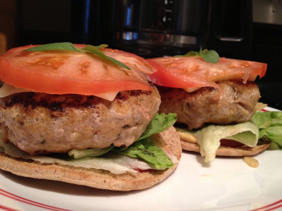 Then burger, and a thick slice of tomato + fresh basil