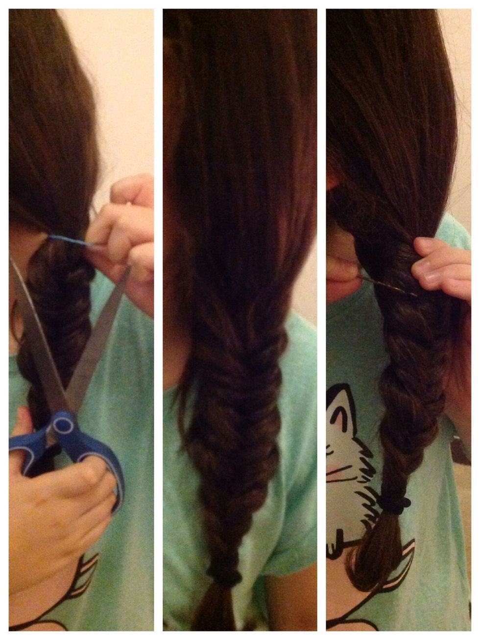 Then carefully cut your elastic band out of your hair and secure loose strands of your hair with bobby pins.