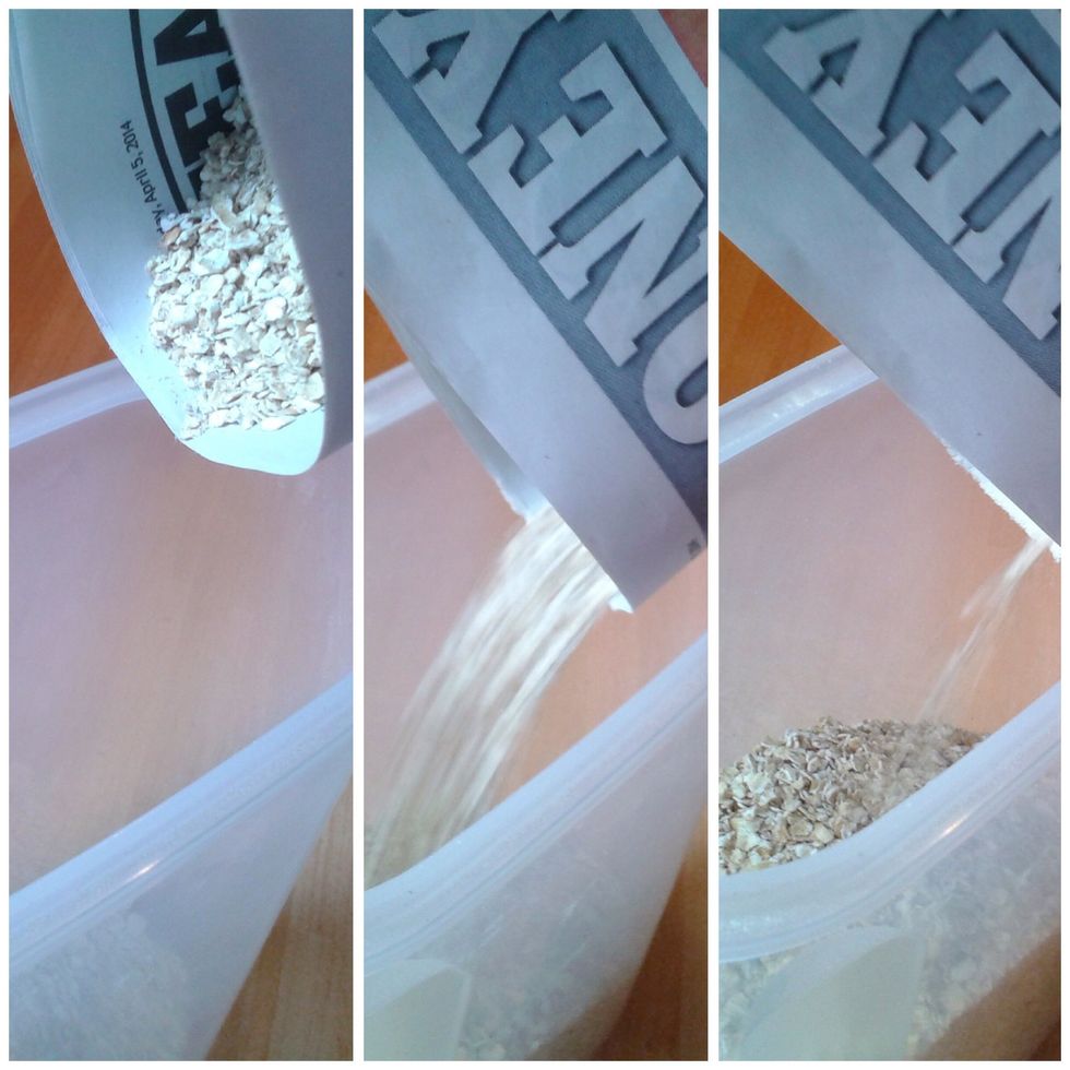 Then carefully pick up both sides of the paper and pour the oats into your chosen container.