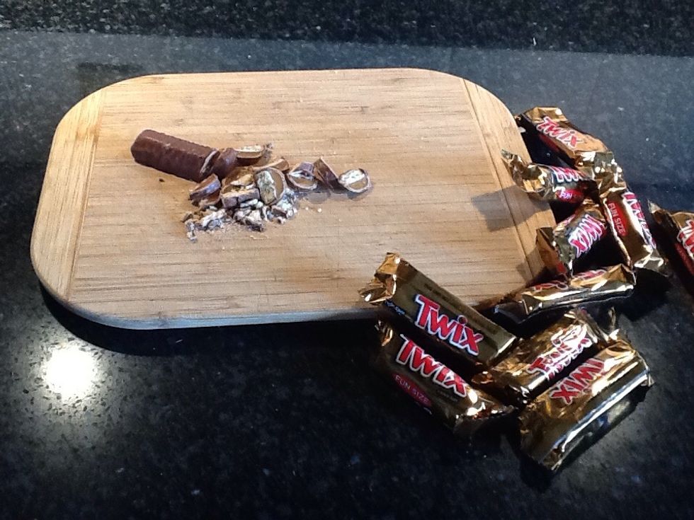 Then chop up the twix. How many you use is up to you depending on how much twix you want. ( I used 12)