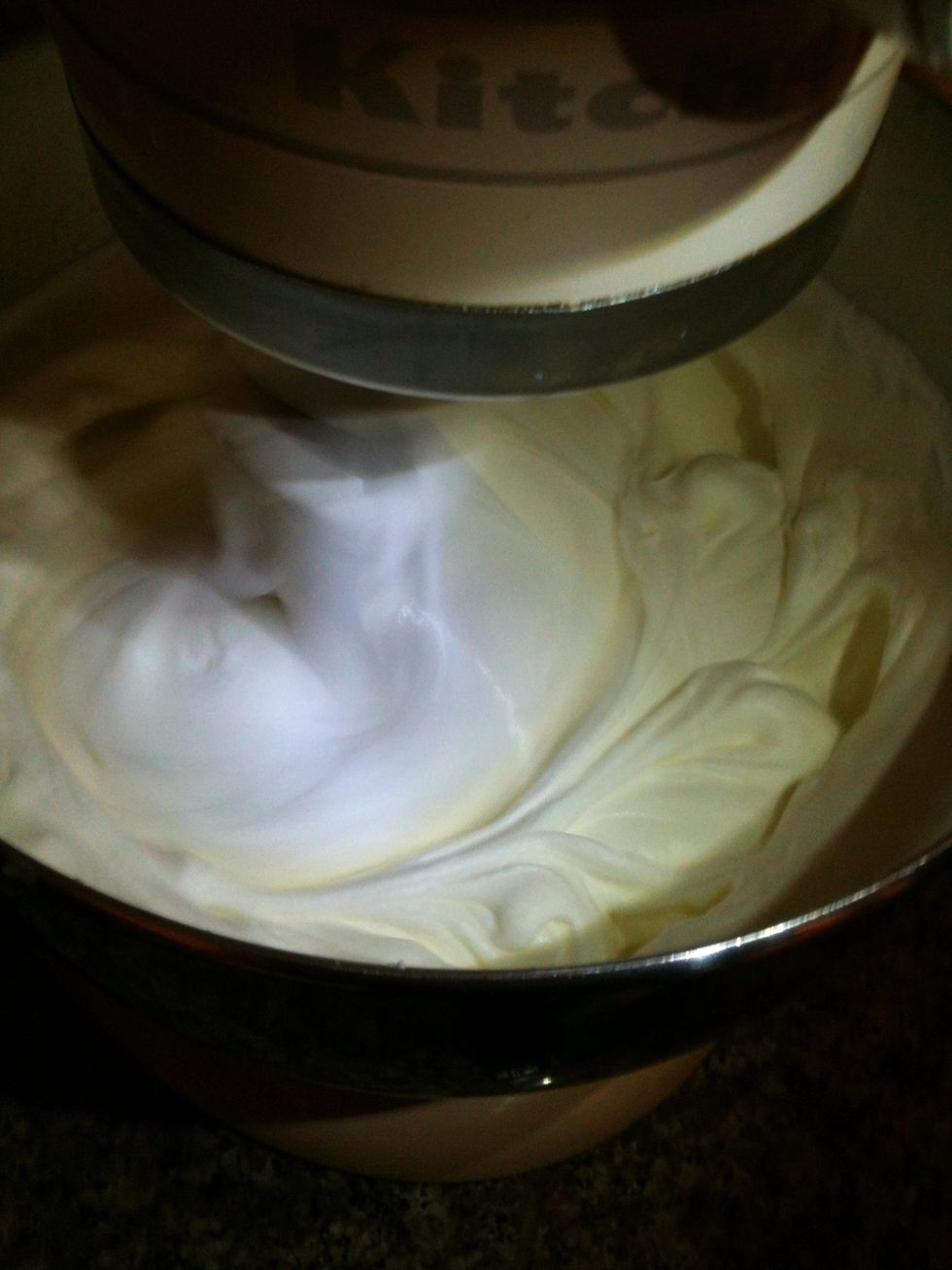 Then churn in mixer. Cream will whip, cream peaks form and fall.