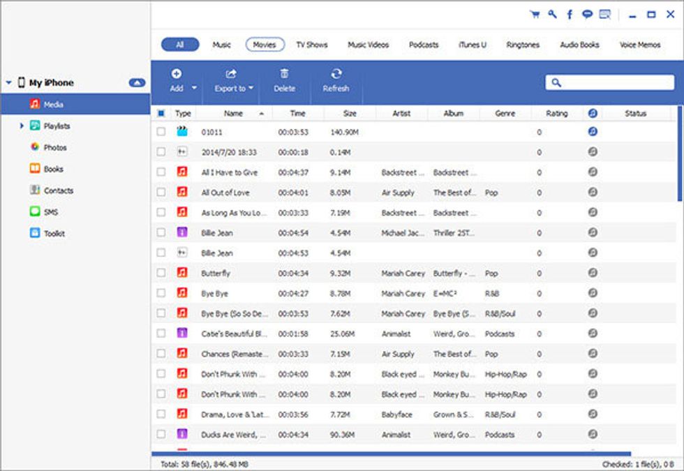 Then click on Media tab and hit the Add option to select the music files that you want to sync from your computer to your iPhone. Confirm your action and then all selected songs will be transferred.