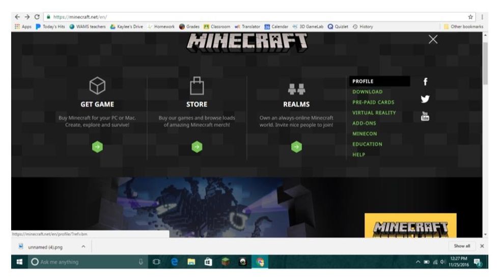 Then click on the profile button and log in to your minecraft account.