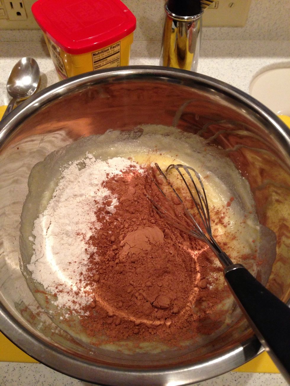 Then combine flour, cocoa powder, baking powder and salt