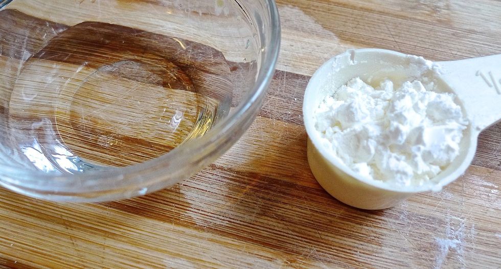 Then combine the cornstarch and water in a small bowl, mixing them well.