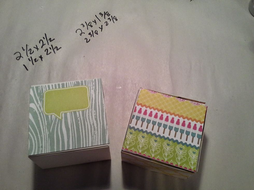 Then cover with paper. Outside measurements: 2 1/2 x 2 1/2(front), 1 1/2 x 2 1/2(sides) inches Inside measurements: 2 3/8 x 2 3/8, 2 3/8 x 1 3/8 inches