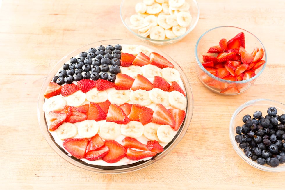 Then, create alternating lines of banana and strawberries to create your red and white stripes.