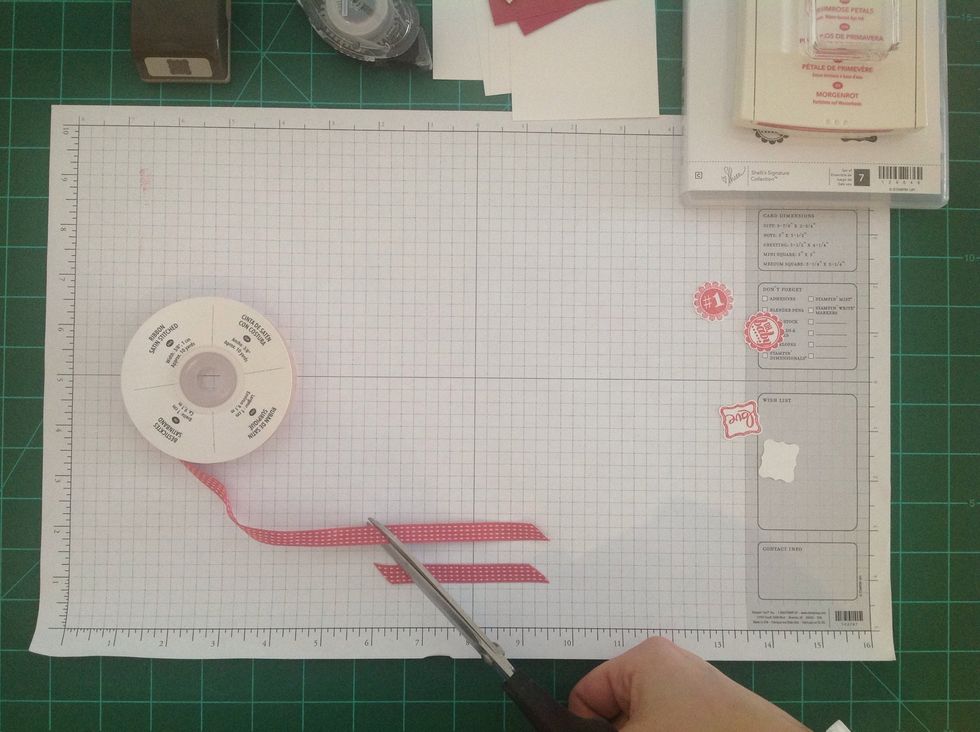 Then cut 3 1/2" pieces of ribbon. Be sure to angle your cuts as shown.