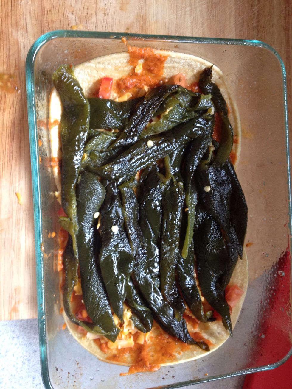 Then cut in strips and layer in with some cheese