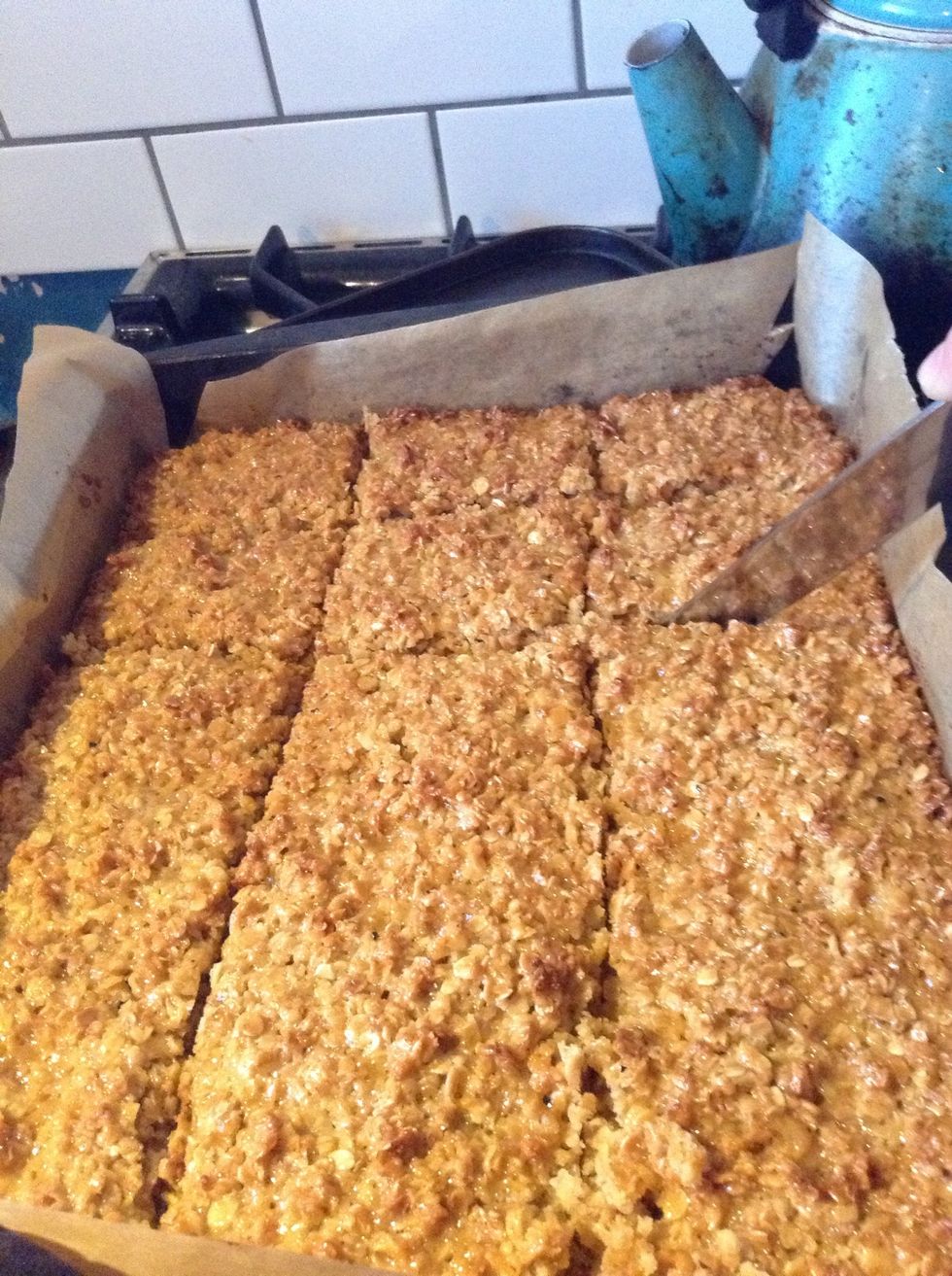 Then cut into slices while it's still hot and wait for it to completely cool