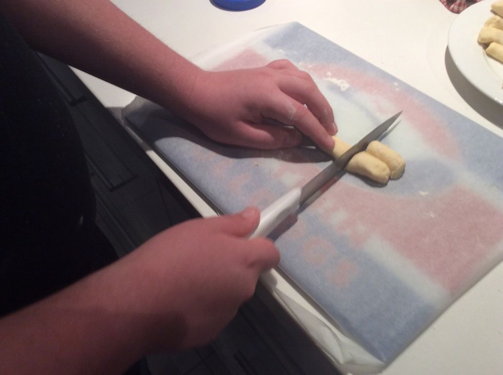 Then cut the sausage into 3cm long pieces. Then leave aside until needed