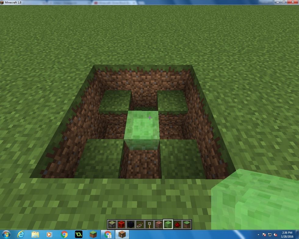 Then dig one block down on all sides except for the corners.