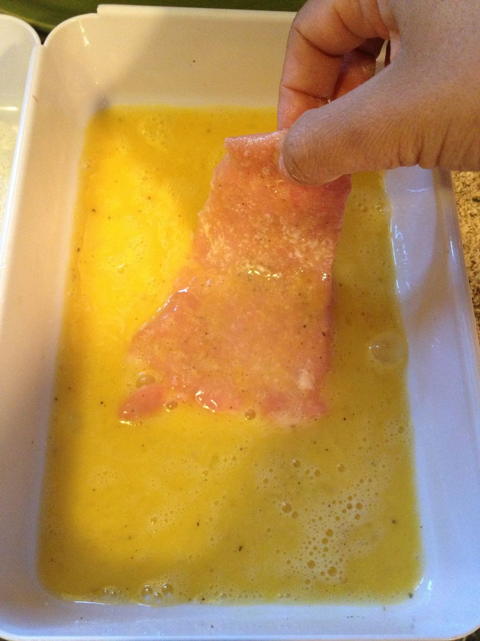 Then dip in the eggs, making sure it is well coated.