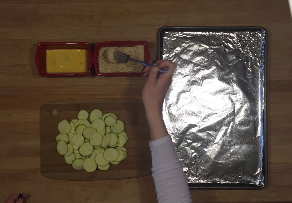 Then, dip slices covered in the egg mixture into the bread crumb mixture. (Again, let the excess fall off before proceeding.)