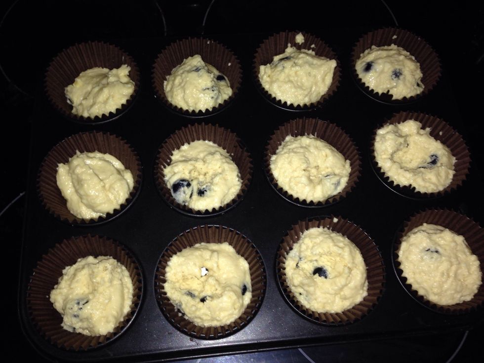 Then divide the mixture between the cases, I use a ice cream scoop helps divide the mixture easier