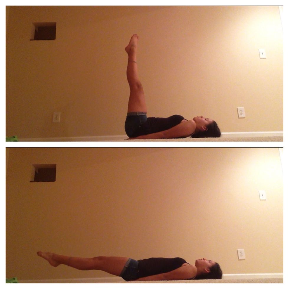 Then do the double leg lifts by lifting both legs into the air straight and back down. A little tip is to sit on your hands while doing this. This works the inner core and abs. Do this at least 25x
