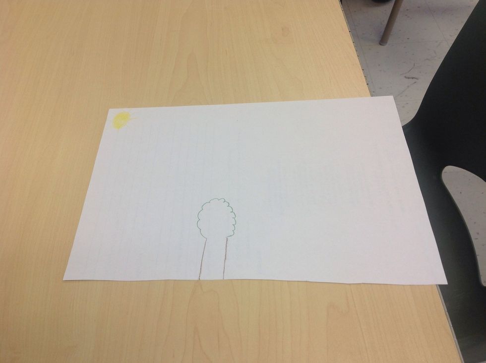 Then draw a regular size tree in the middle of the page.colour the trunk brown and the leaves green.