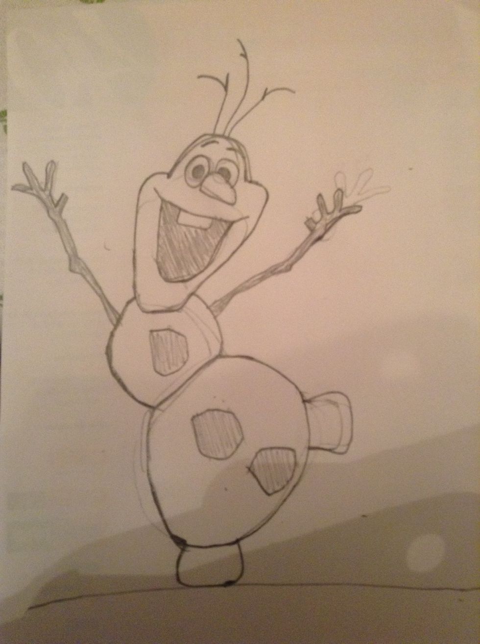 Then draw Olaf's arms and buttons. The buttons aren't exactly round they have a bit of corners.