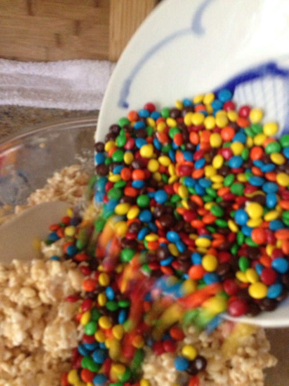 Then dump them into the Rice Krispy mixture.