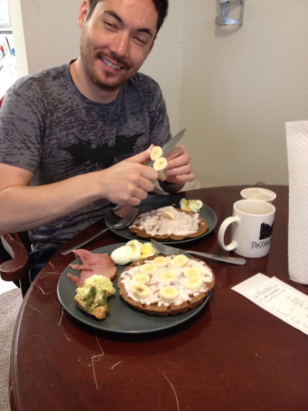 Then enjoy with someone amazing!!! we served it up with some strawberry Greek yogurt and banana, as well as a leftover hard boiled egg from Easter. These were yumm!