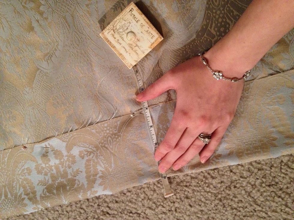 Then fold rough edges over measuring carefully so it's straight. Pin. I do the SIDES first folded a 1/2 inch. Pinned and sewn. Then the TOP where I fold 4 inches over and pin.