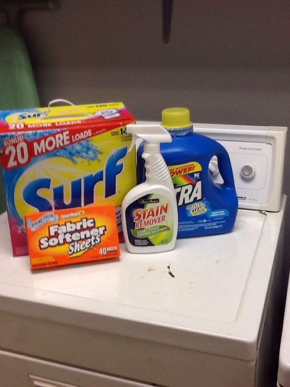 Then get your supplies ready I'm using dryer sheets, stain remover,  and remover, laundry soap,  powder laundry soap, and bleach.