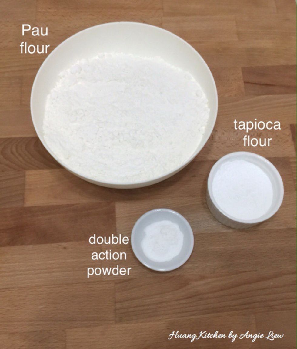 Then have ready the pau flour, tapioca flour and double action baking powder.