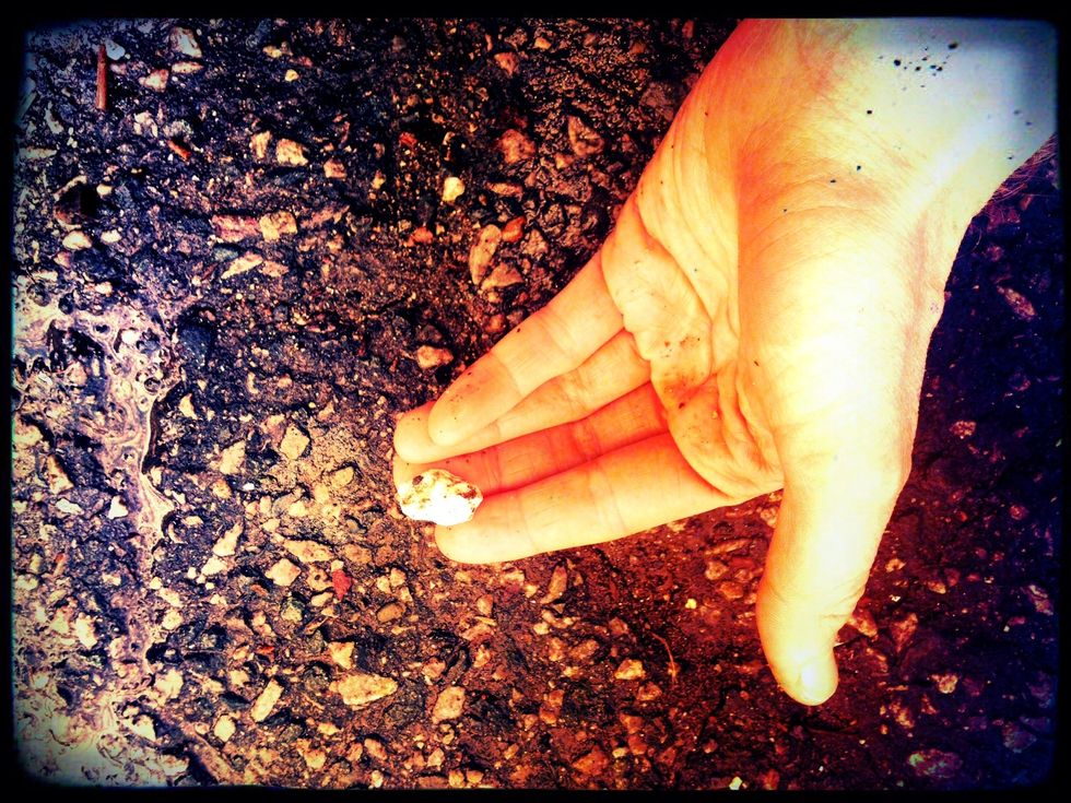 Then he crouched down and pointed to the small rock in his palm, letting us examine the pebble so we could verify it was just plain sidewalk stuff.
